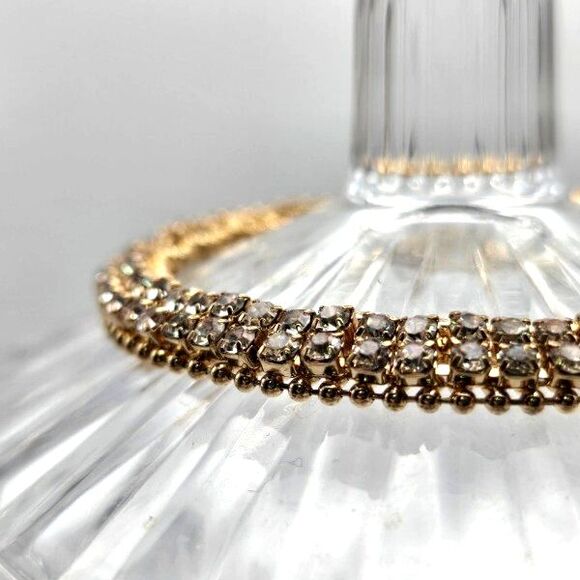 Goldtone Double Row Clear Rhinestone Tennis Bracelet 7" - Picture 3 of 5